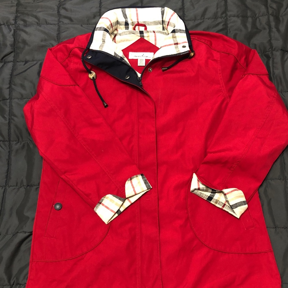 1 madison Women’s jacket size small red Haymarket check collar and cuffs
